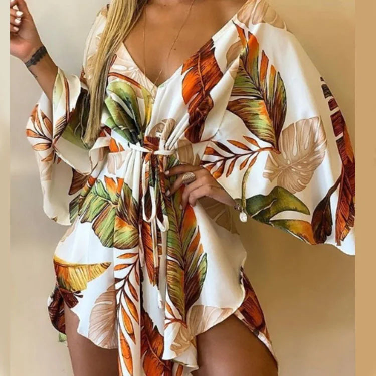 Women Print Dress Sexy V-Neck Bat Sleeve Ruffle Flowers Print Bohemian Beach Sundress Ladies Loose Summer Vacation Mini Dresses