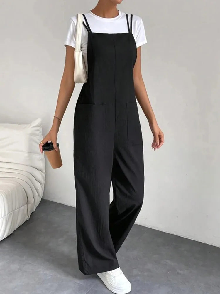 Fashion Casual Women's Solid Black Color Pants Pocket Double Shoulder Thin Straps Straight Overalls Wide-leg Long Pants