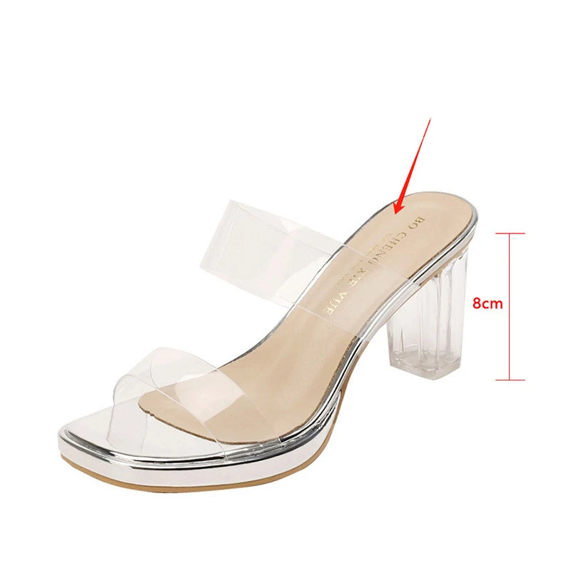Summer Sexy Shoes Sheepskin Transparent High Heels Sandals for Outdoor Crystal Thick Heels