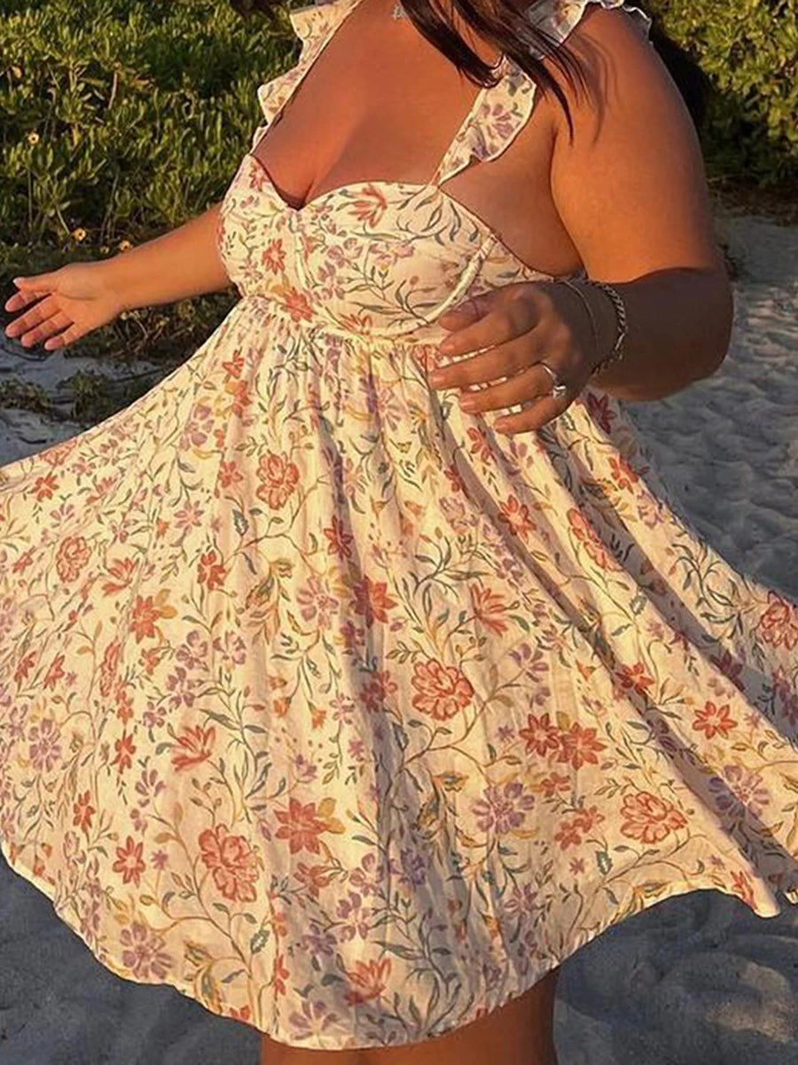 Women V-Neck Dress Sleeveless Ruffle Floral Print Boho Beach Dress Summer Casual Dress with Pockets