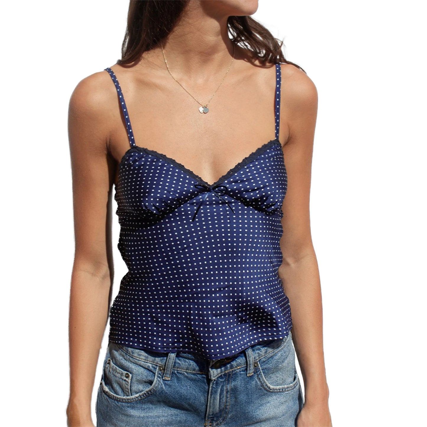 Sleeveless Polka Dot Print Lace Trim Crop Top Spaghetti Strap Camisole Lingerie