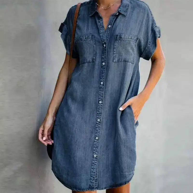 Single Breasted Denim Shirt Dress Women's Casual Loose Pocket Simple Retro Commuter Female Office Denim