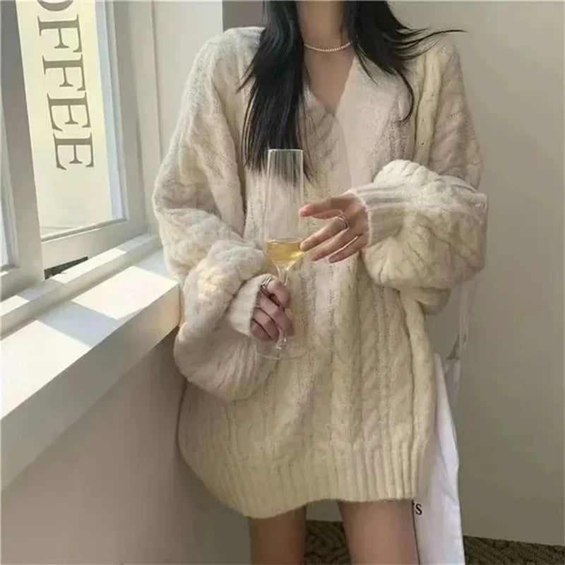 Women's Sweater Oversized Knitted Pullovers Long Sleeve V Neck Knitwear Preppy Solid Loose Jumper