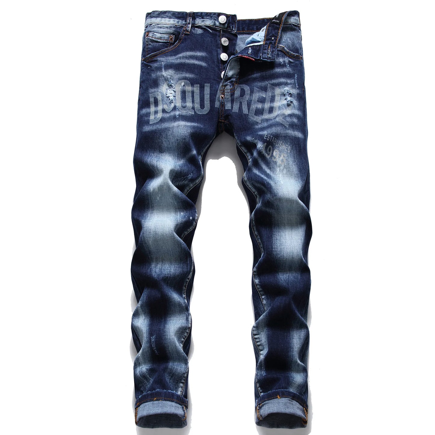 Watermark Button Fly Laser Stereo Cat Beard Blue Cotton Elastic Slim Straight Jeans  Basic Trend Can Be Worn in All Season