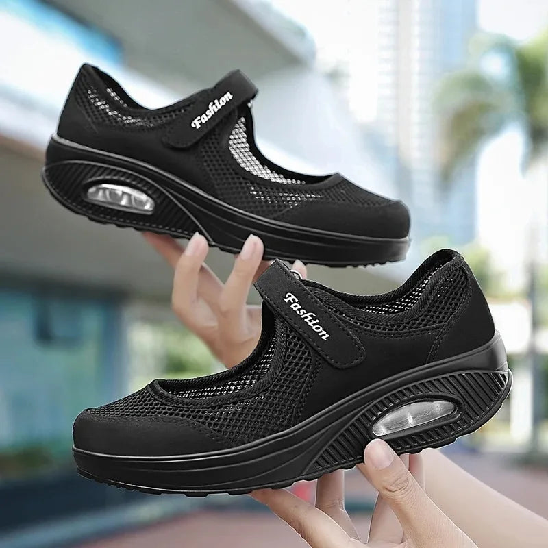 Lightweight Mary Janes Air Cushion Running Sport Shoes Breathable Quick Dry Velcro Soft Flat Shoes