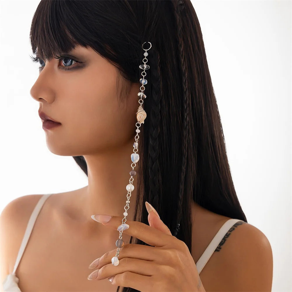 Long Chain Stone Beaded Alloy Braid Hair Ring Dreadlock Hair Ring for Women Conch Pendant Hair Jewelry for Braids Gifts