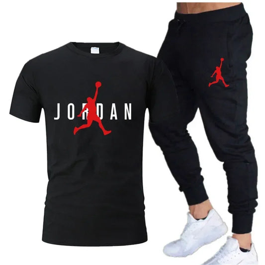 Summer Men's Tracksuit Suit Brand Short Sleeve T-Shirt + Trousers 2-Piece Sets Fitness Jogging Sports Pants Sportswear Suit
