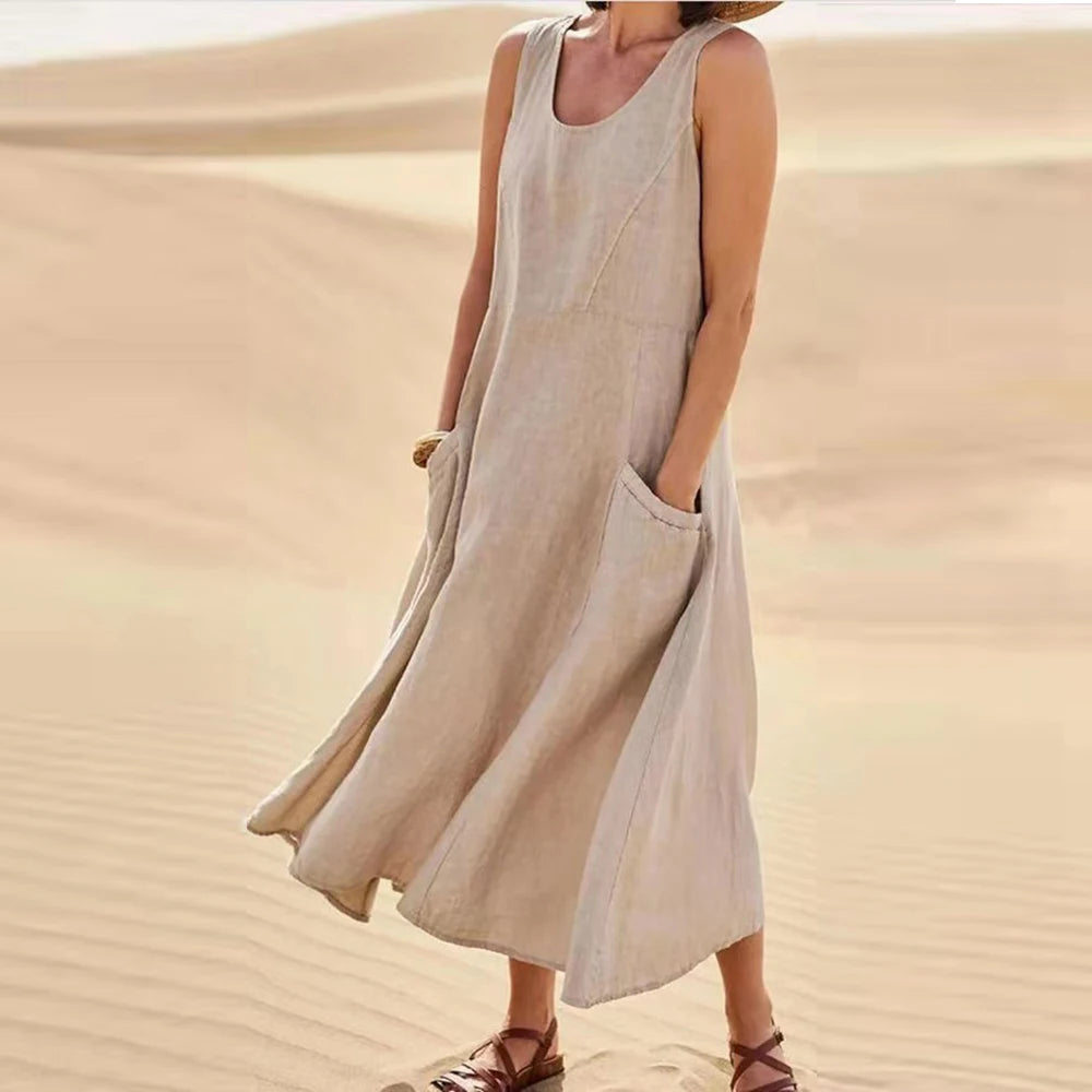 Cotton Linen Sleeveless Dress for Women Summer Pullover Fashion Female Clothing Short Sleeved Loose Long Dress