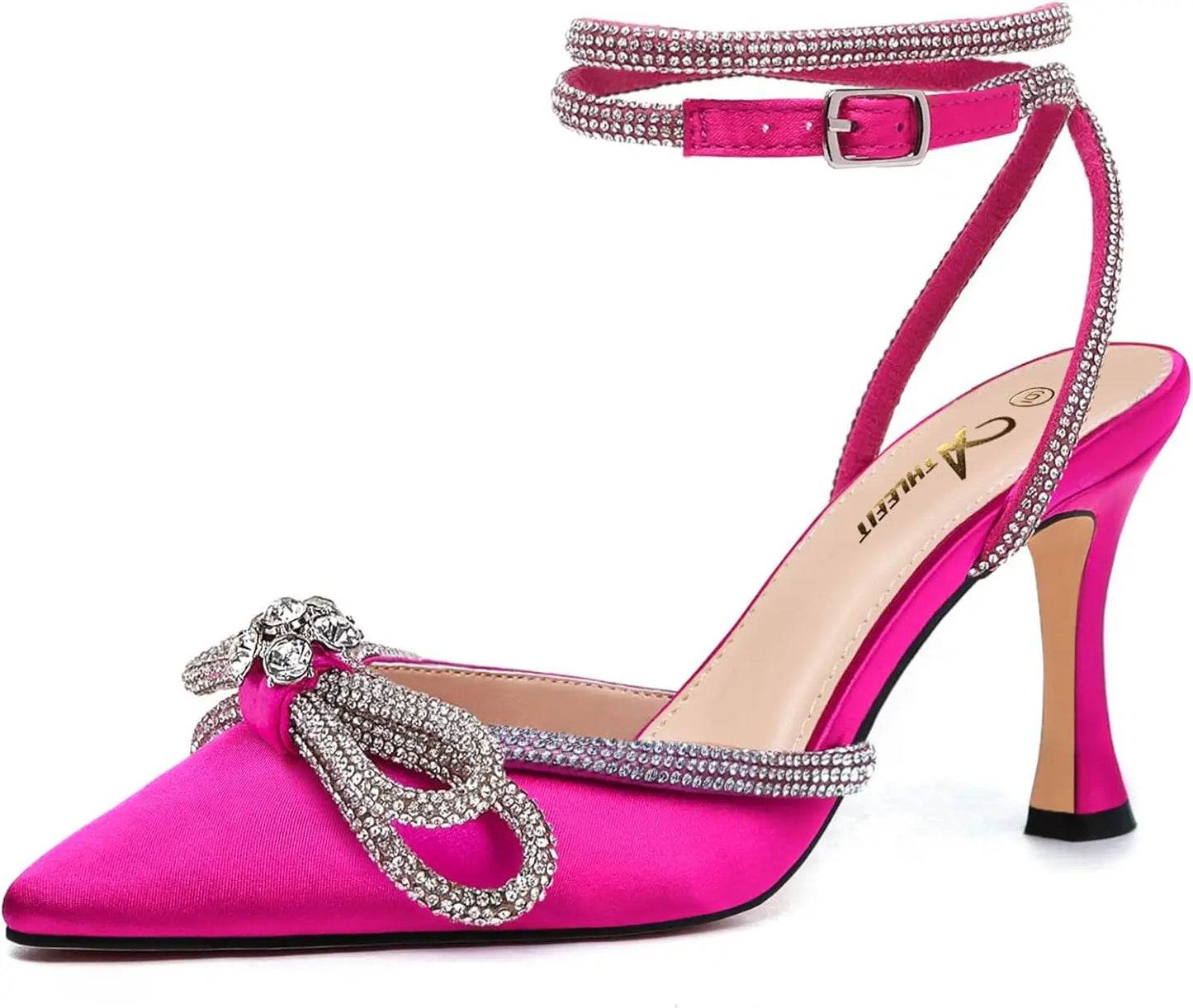 Rhinestone Bow Heels Ankle Strap Pointed Toe Stiletto Heeled Sandals