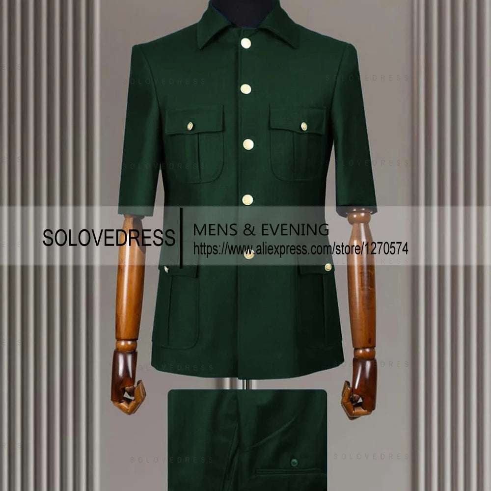 2 Piece Lapel Short Sleeves with 4 Real Pockets Single Breasted Slim Fit Summer Suits