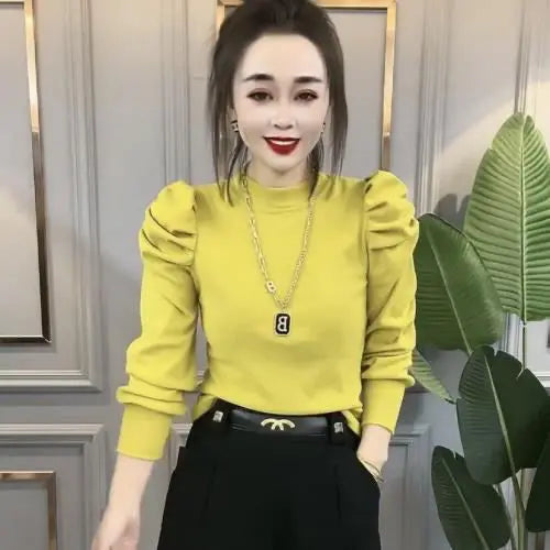 Elegant Stand Collar Solid Color Puff Sleeve Blouse