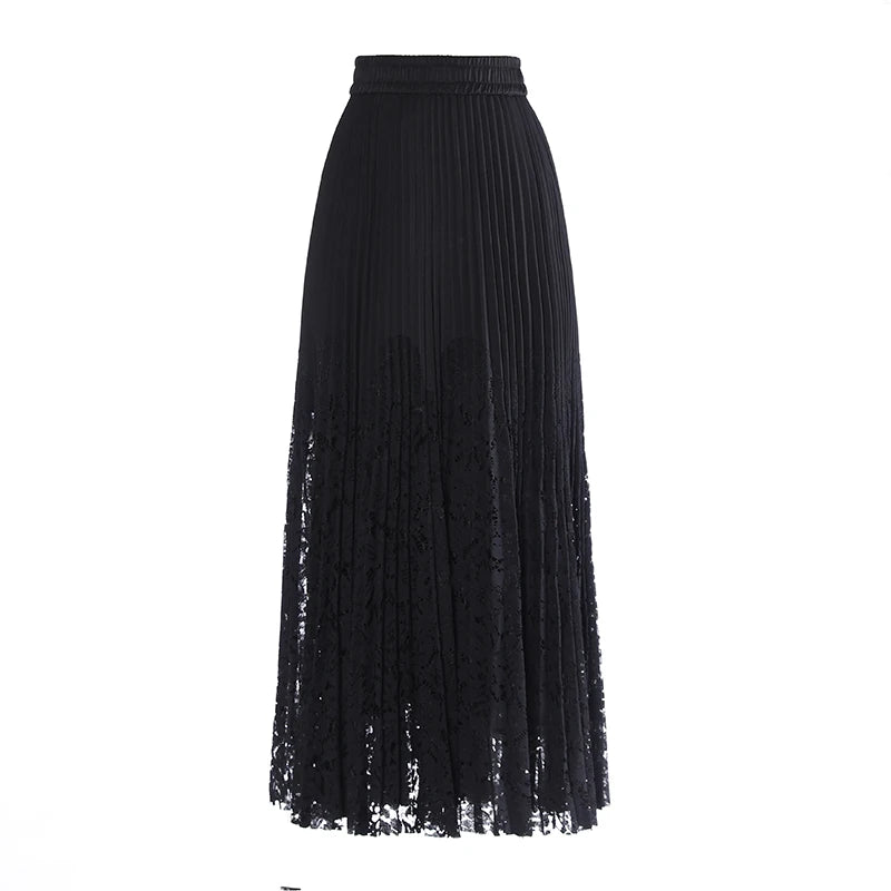 Lace Spliced Printing Pleated High Waist Loose Causal Colorblock Skirt