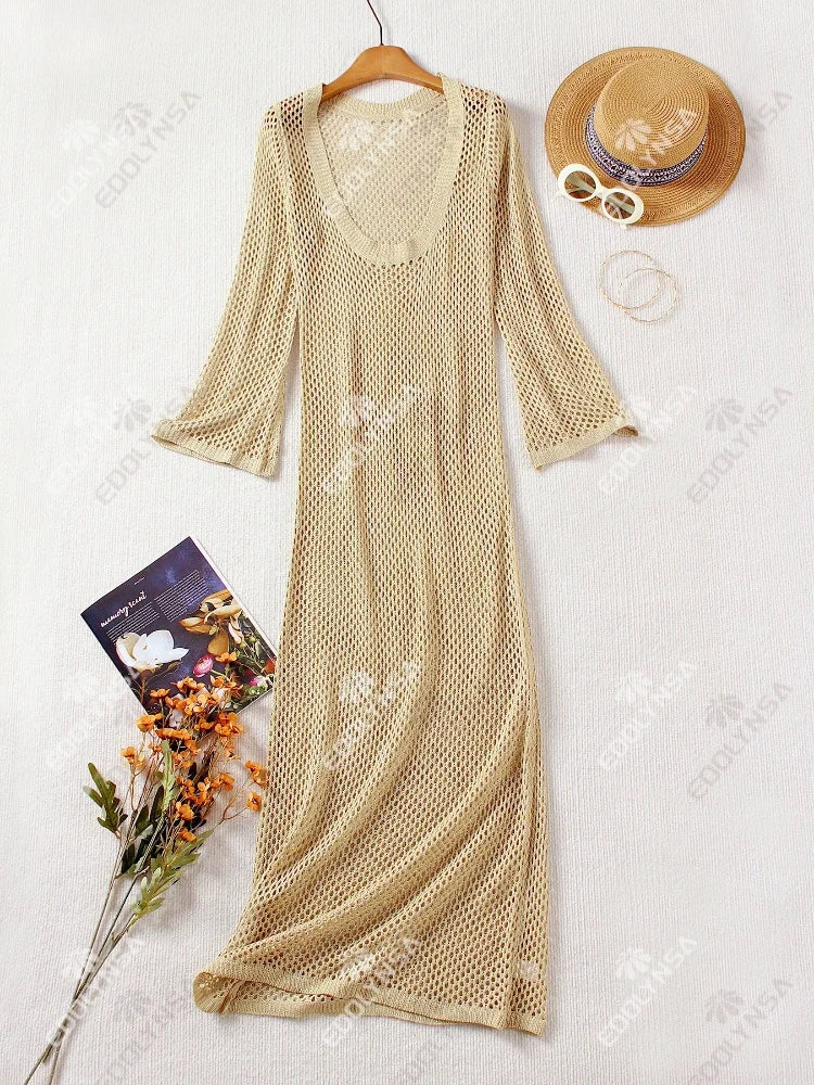 Sexy U-neck Bell Sleeve Knit Maxi Dress Women's Swimwear Bikini Cover-ups  Crochet Beach Outfit