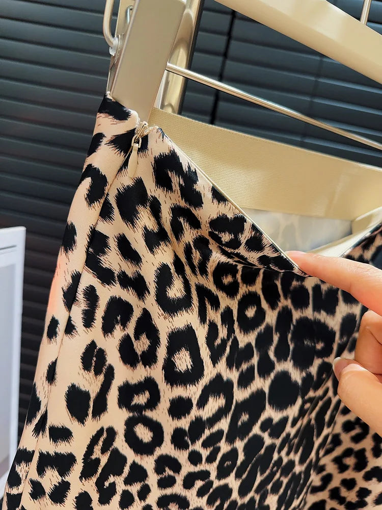 Satin Vintage Leopard  Skirt  A-line Fashion  High Waist  Mermaid Long