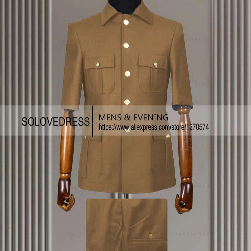 2 Piece Lapel Short Sleeves with 4 Real Pockets Single Breasted Slim Fit Summer Suits