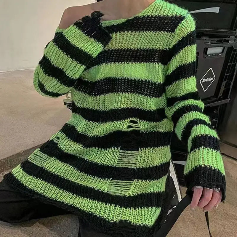 Punk Gothic Long Unisex Sweater Summer Women Striped Cool Hollow Out Hole Broken Jumper Loose Rock Thin Dark Streetwear Top