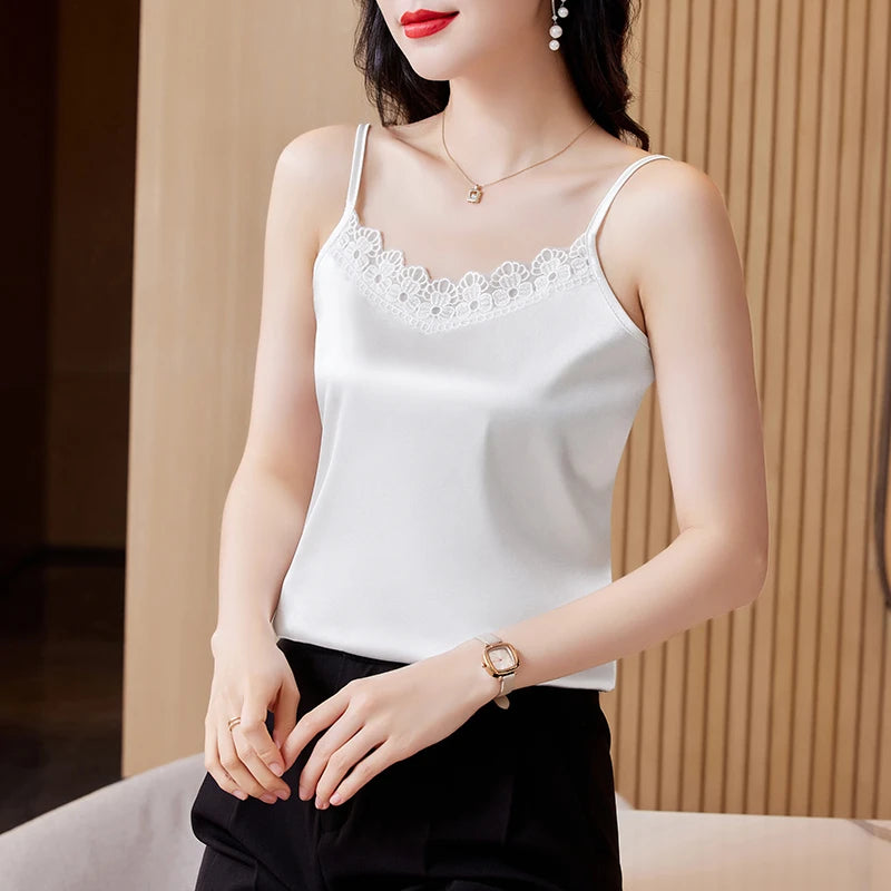 Lace  V-neck Corset Top Solid Summer Sleeveless Satin Blouses