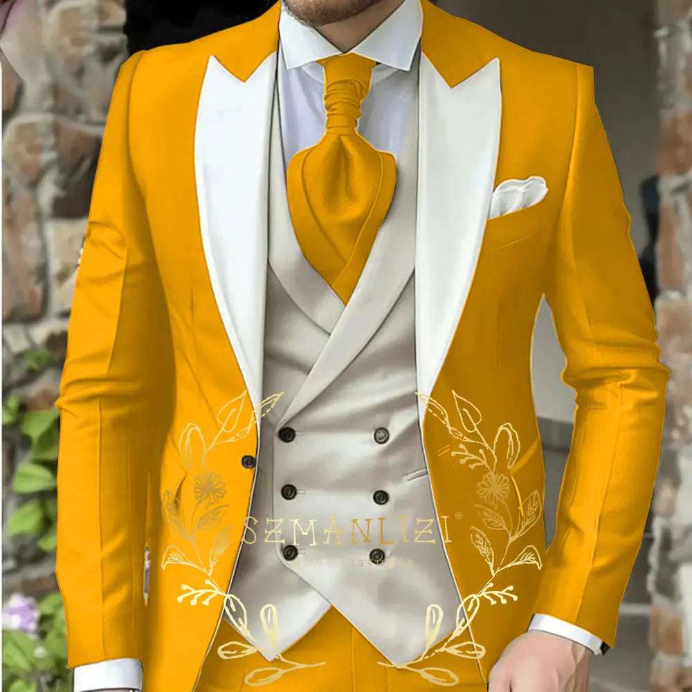 Classic Men's Suit 3 Piece Tuxedo Peaked Lapel Groomsmen Wedding Suits Set Fashion Men Business Blazer Pants Vest
