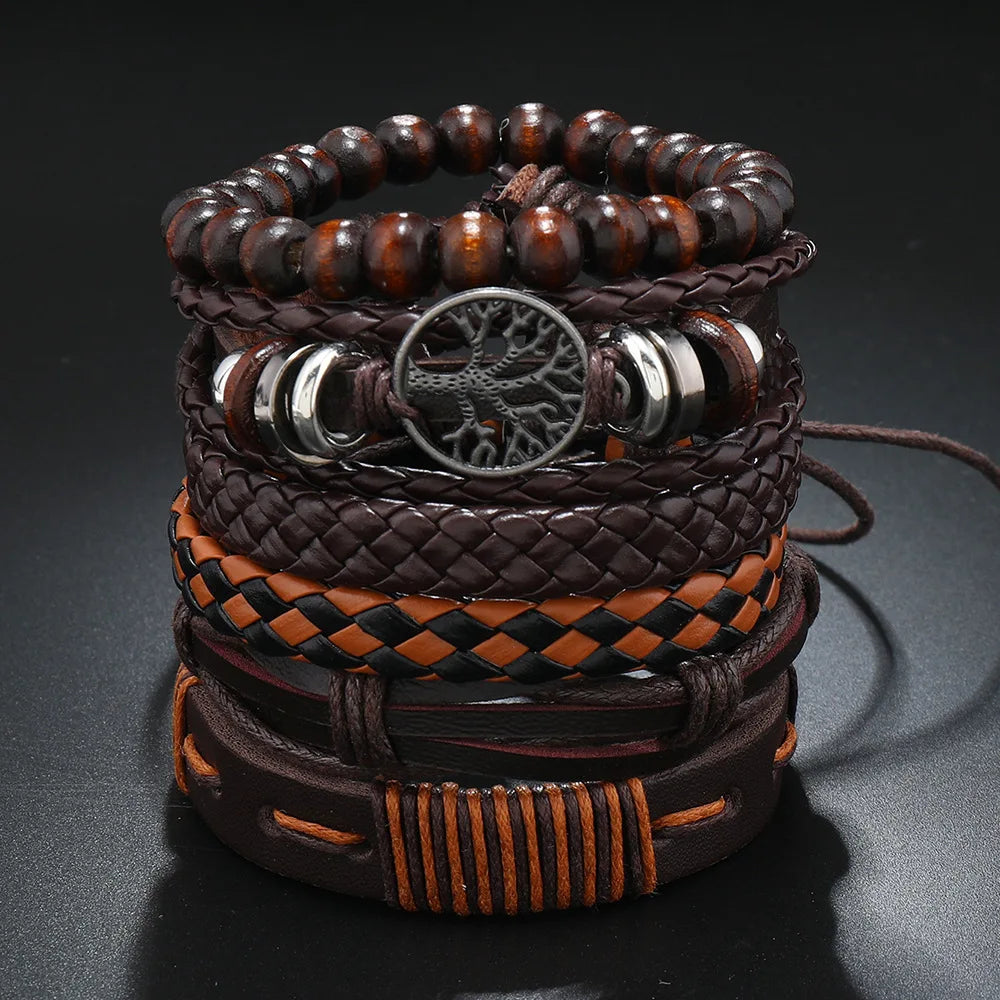 Casual Bead 6 Pc/set Tree Black Khaki Handmade Men Bracelets Male Women Leather Bracelets Men Bangle