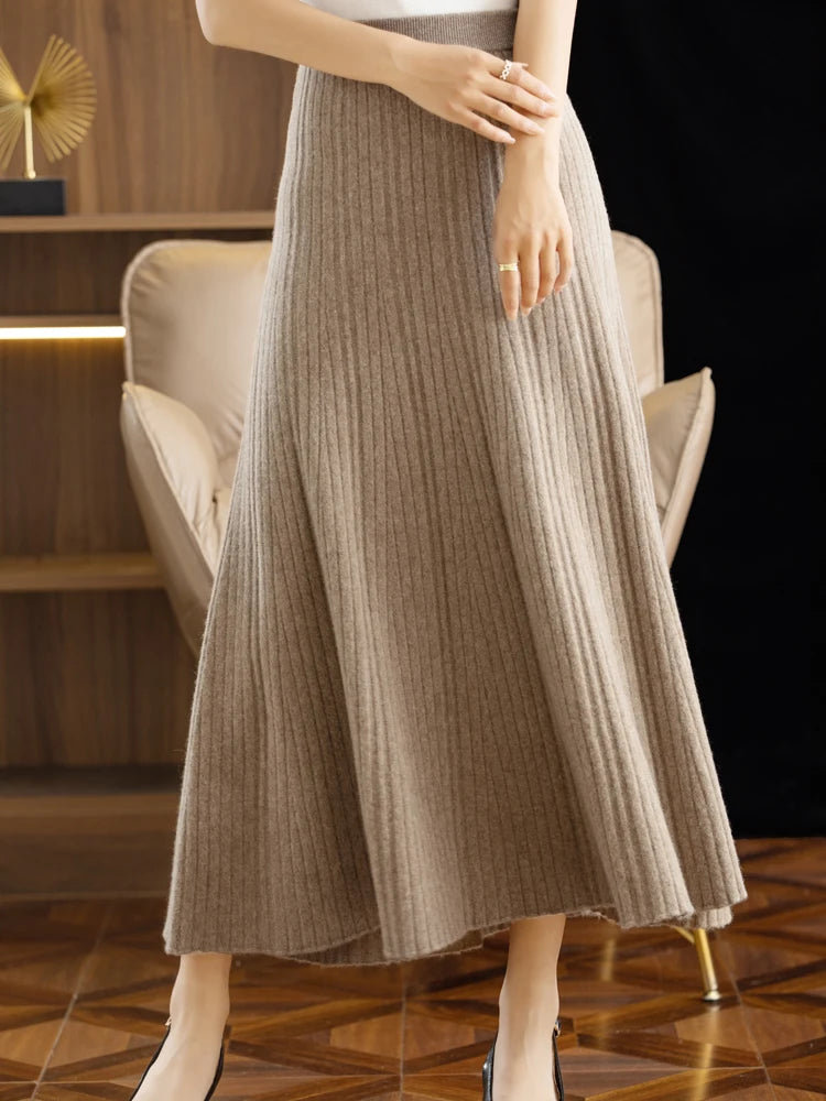 Wool Long Pleated Skirt 100% Merino Wool Knitwear