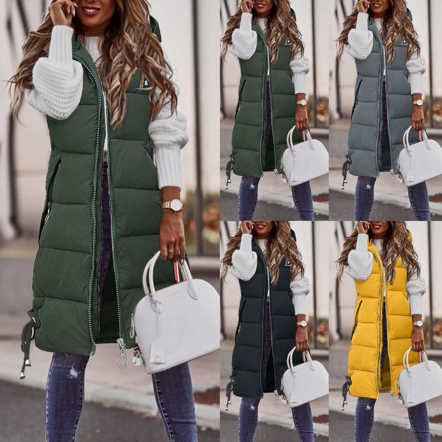 Winter Fashion Women Hood Thick Cotton Parkas Mid-length Long Down Jacket Vest Loose Outerwear