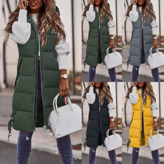 Winter Fashion Women Hood Thick Cotton Parkas Mid-length Long Down Jacket Vest Loose Outerwear