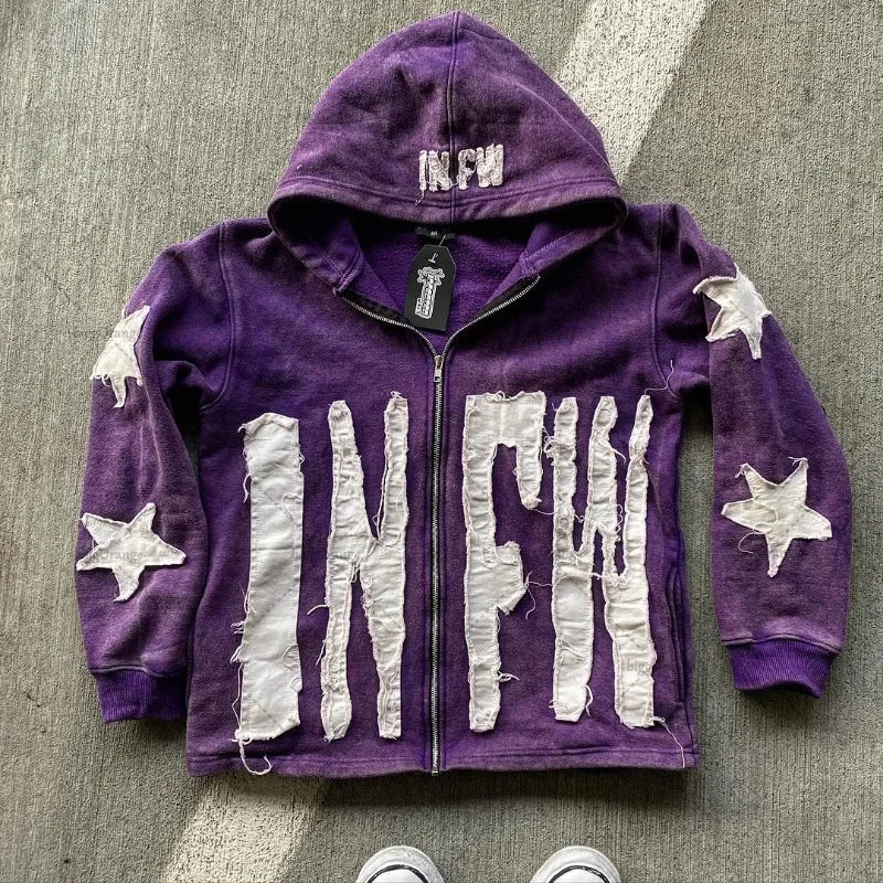 Star Letter Embroidered Zipper Sweatshirt Women  Loose Oversized Hoodie Versatile Casual Retro Jacket