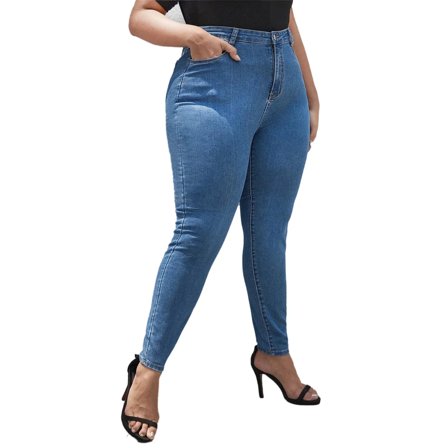 Plus Size Women Jeans  Full Length Denim Jeans High Waist High Stretchy  Denim Jeans