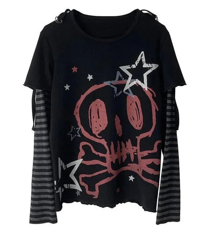 Grunge Aesthetic T-shirt  Skull Dark Graphic Long Sleeve T Shirt Women Punk Cartoon