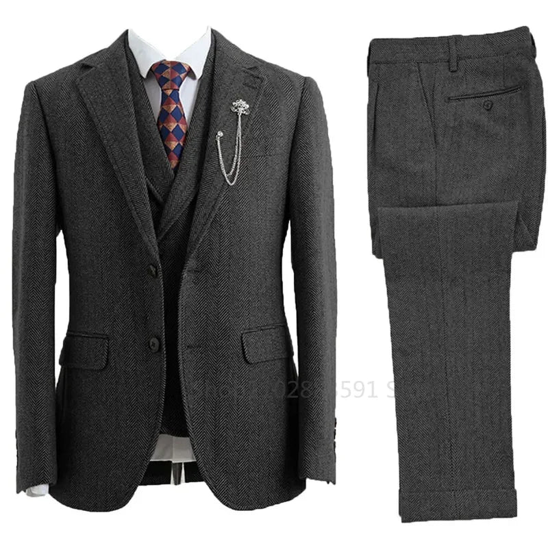 3 Piece Men Suit Tweed Herringbone Double-Breasted Wedding Tuxedos Size Men Clothing Casual Style Men's Fashion