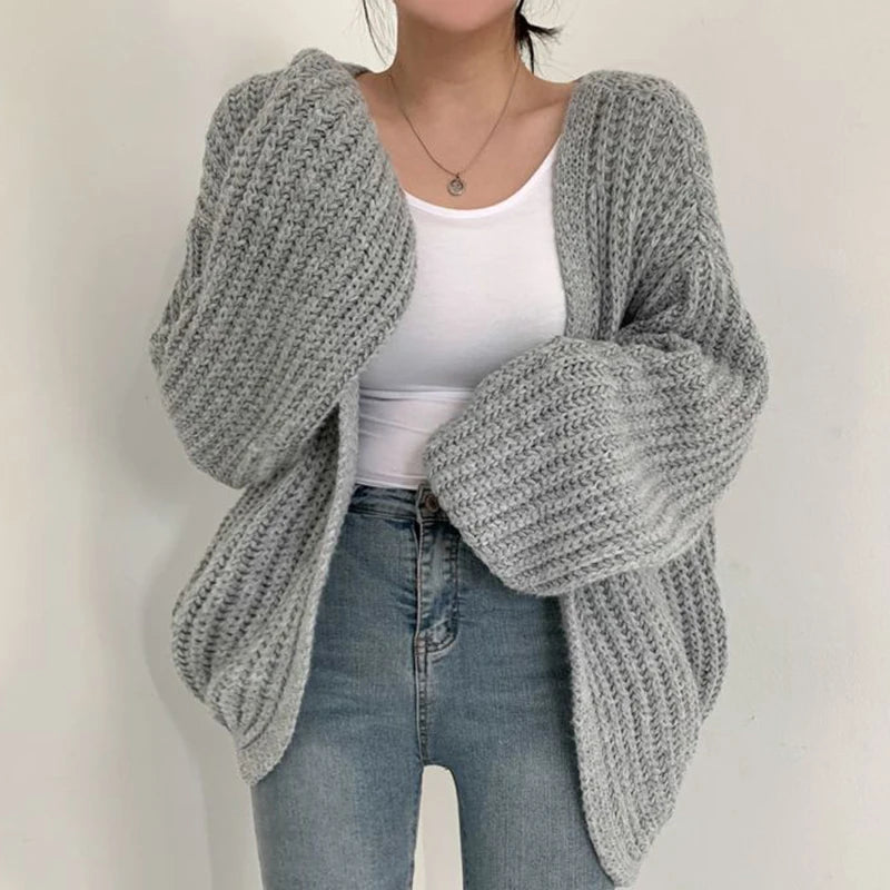 Vintage Lantern Sleeve Women Cardigan Sweater Casual Streetwear Tops Chic Lazy Wind
