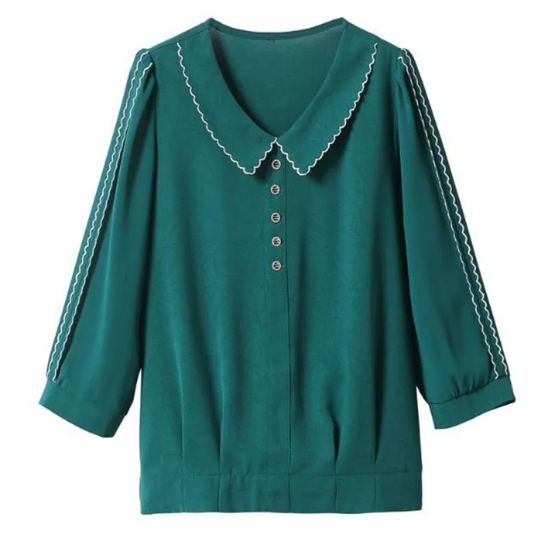 Solid Color V-Neck Shirts Patchwork Striped 3/4 Sleeves Loose Fashion Button