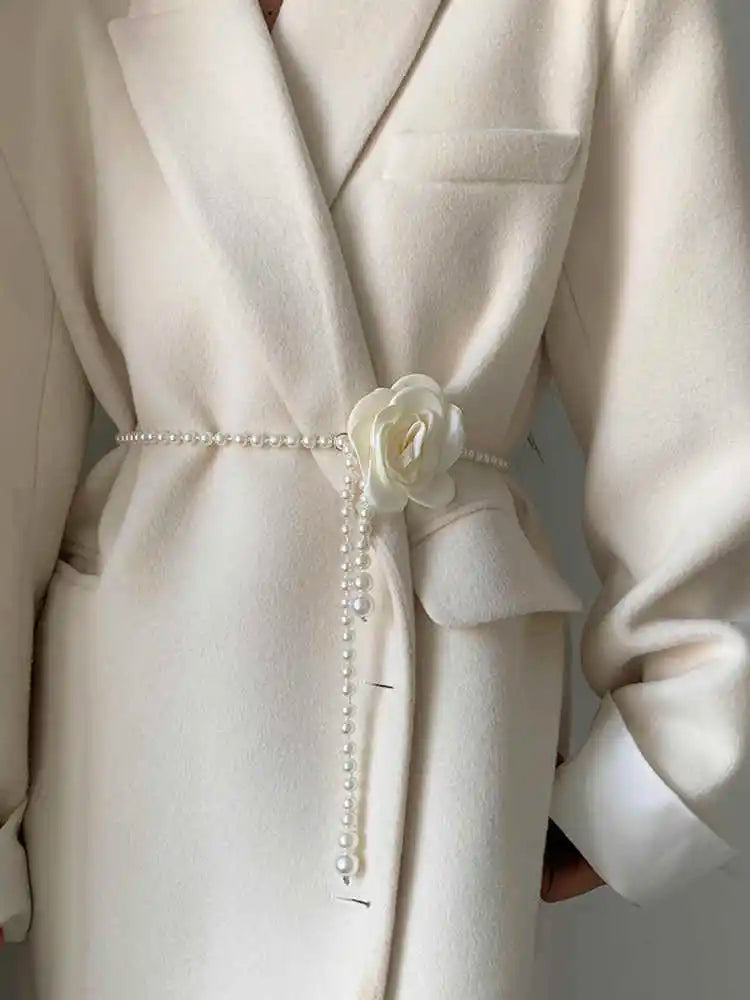 Pearl Waist Belt Women's Style Camellia Decorative Versatile Waist Belt  Dress Coat Jacket Fashion Elegant Belt