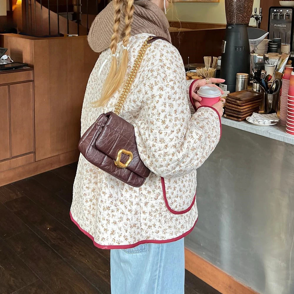 Floral Print Pocket Cardigan Quilted Jacket Elegant High Street Outerwear