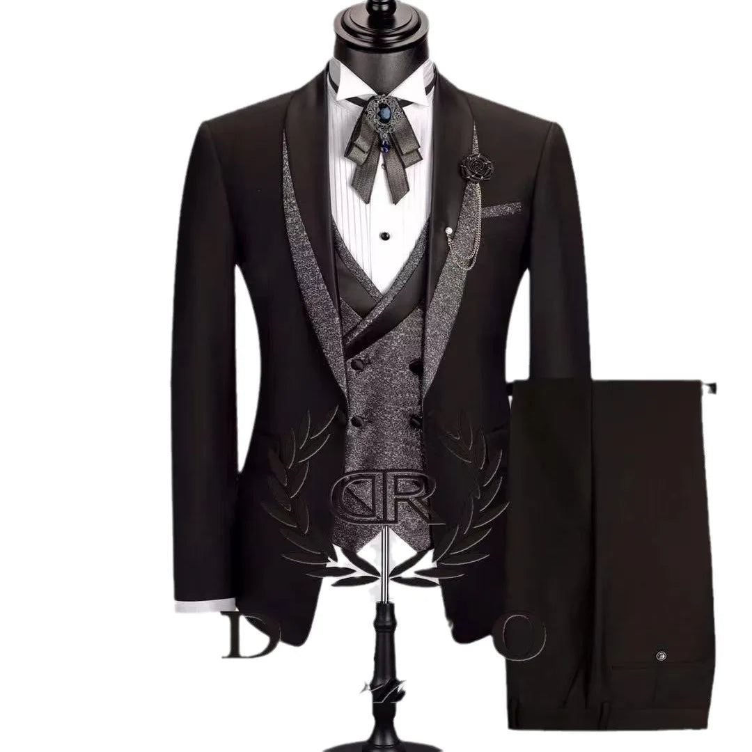 Floral Formal Suits for Men 3 Pieces Shawl Lapel Wedding Groom Tuxedo Italian Style Suit Jacket with Vest Pants Fashion