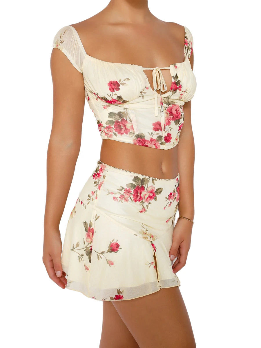 Women s Matching Set Cap sleeve Ruffle Crop Top and High Waisted Shorts Floral Print Summer Outfit