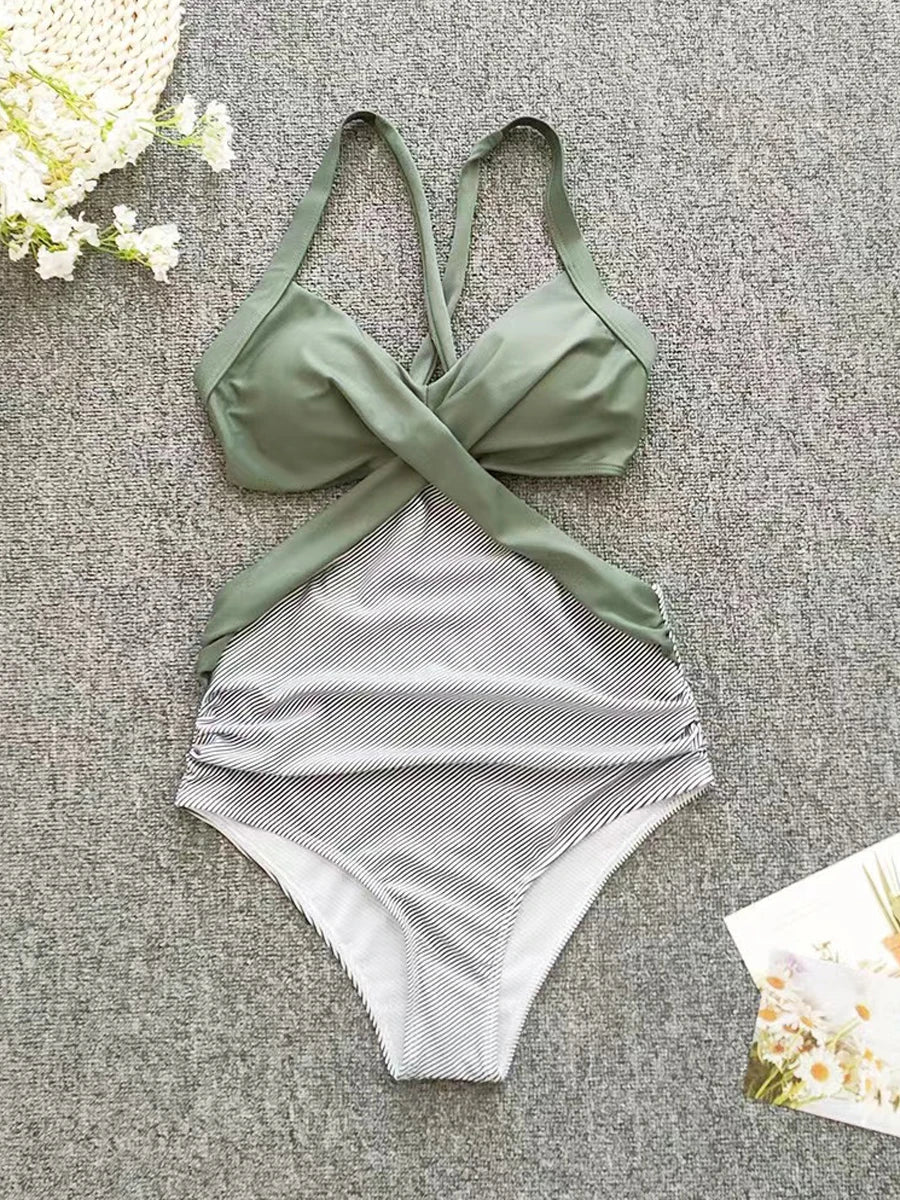 Solid Printed Swimwear Women Halter One Piece Swimsuit Female Swimming Monokini Suit Padded Beachwear