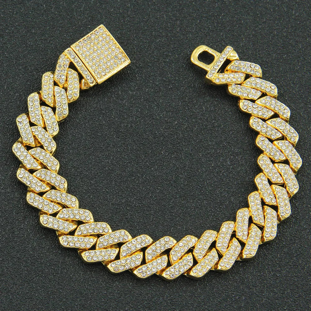 14MM 2 Row Rhinestone Paved Miami Rhombus Cuban Chain Men Women Prong Cuban Link Chain Bracelet Iced Out men Jewelry