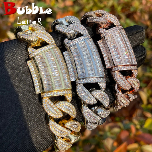 Bubble Letter Baguette Cuban Link Bracelet for Men Iced Out Prong Setting Necklace Choker
