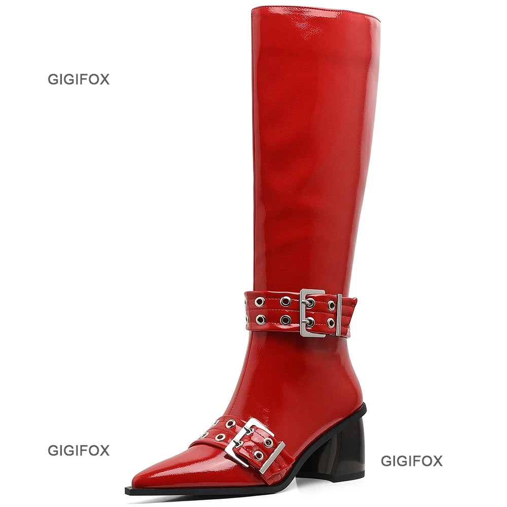 Pointed Toe Women Zipper Knee-high Boots Chunky High Heel Patent Leather Metal Buckle Shoes
