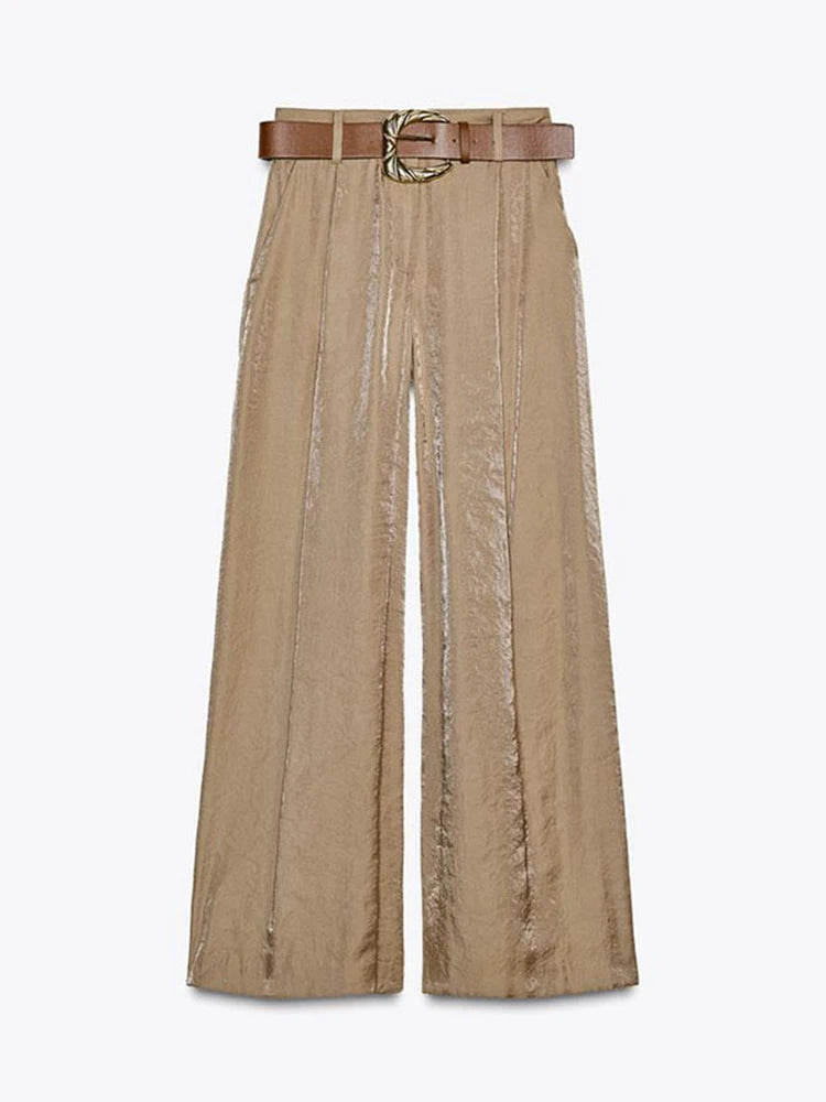 Straight Pants Solid High Waist Belt Pockets Wide Leg Long Trousers Lady Vintage High Street Wears Bodysuit Top or Vest