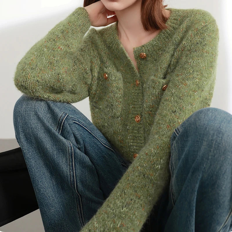 Women's Single-breasted Cardigan Sweater Knit Long Sleeve O-Neck Elegant Office Sweater Coat Solid Warm Jacket Fall Winter
