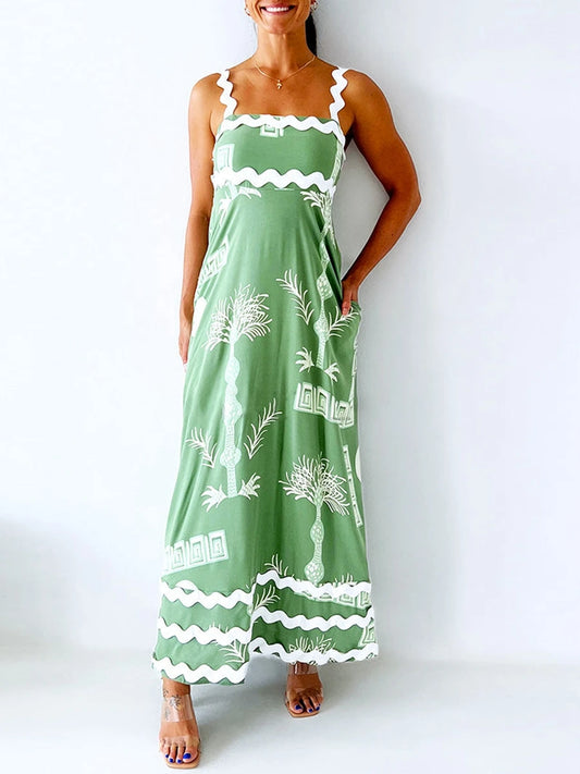 Floral Print Spaghetti Strap Maxi Dress with Side Slits and Adjustable Waist Tie