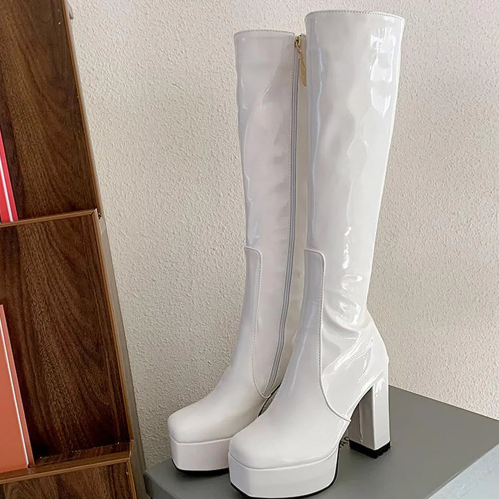 Round Toe Chunky Heel Platform  Knee High Boots  Stylish Comfortable Side Zipper