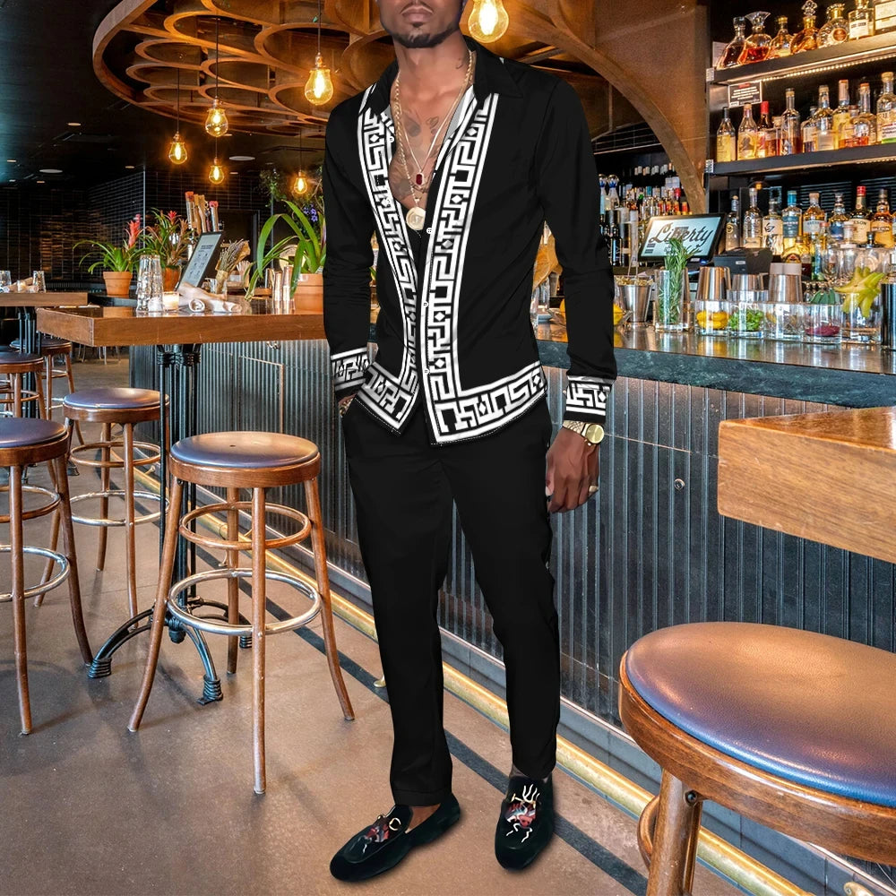 Retro Men's Shirt Suits 3D Luxury Print Fashion Men Casual Breathable Men's Lapel Long Sleeve Shirt Long Pants2 Pcs Set