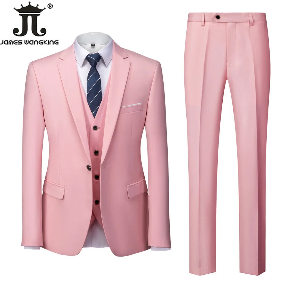 Jacket + Vest + Pants  Boutique Solid Color Men's Official Business Suit Bride's Wedding Dress Party Male Suit
