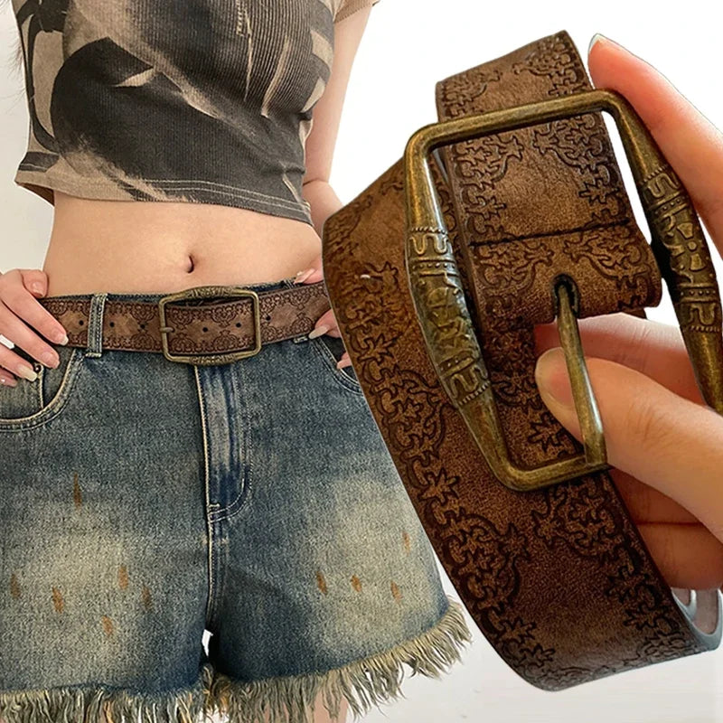 Pattern Print Retro Belts For Women Luxury Designer Brand Buckle Pin Waist Belt Female Pu Leather Fashion Waistband