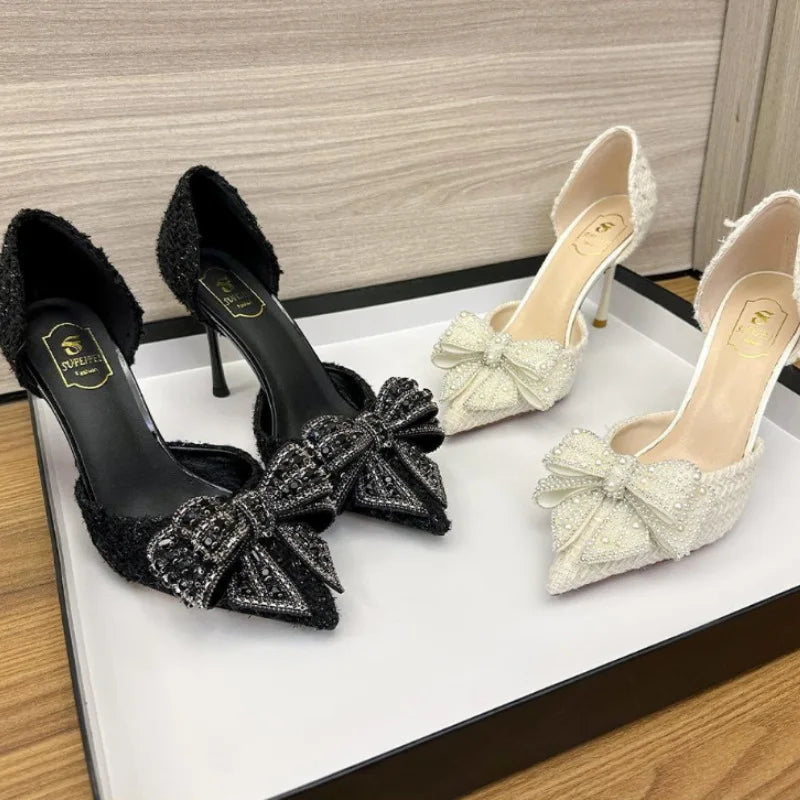 Fashion Pearl Crystal Bowtie Shoes  Designer High Heels Pumps Ladies Thin Heeled Party Shoes