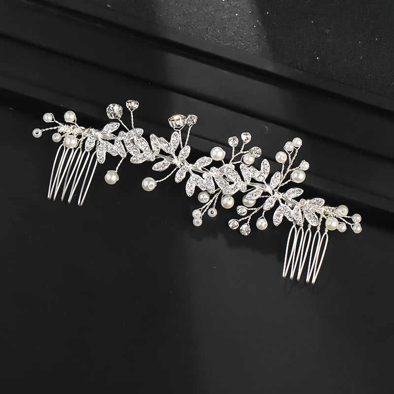 Pearl Leaf Crystal Hair Comb Hairpin Headband Tiara For Women Bride Queen Party Wedding Bridal Hair Accessories Jewelry