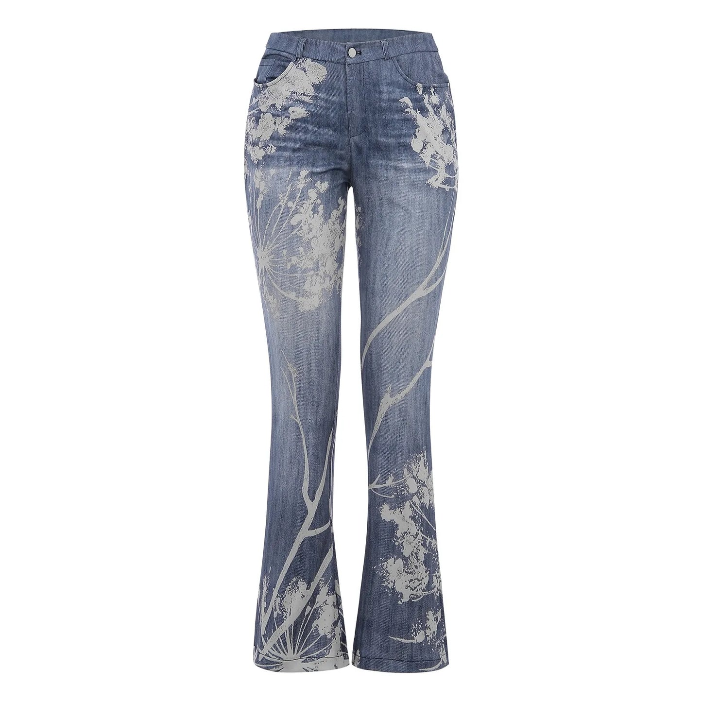 Elegant Women Floral Printed Jeans Plus Size S-5XL Female Straight High Waist Flared Leg Pants